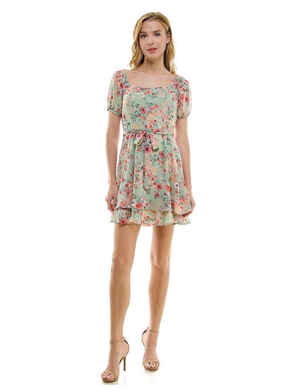 Lily Rose Mint Floral Puff-Sleeve Dress with Pink & Coral Blooms